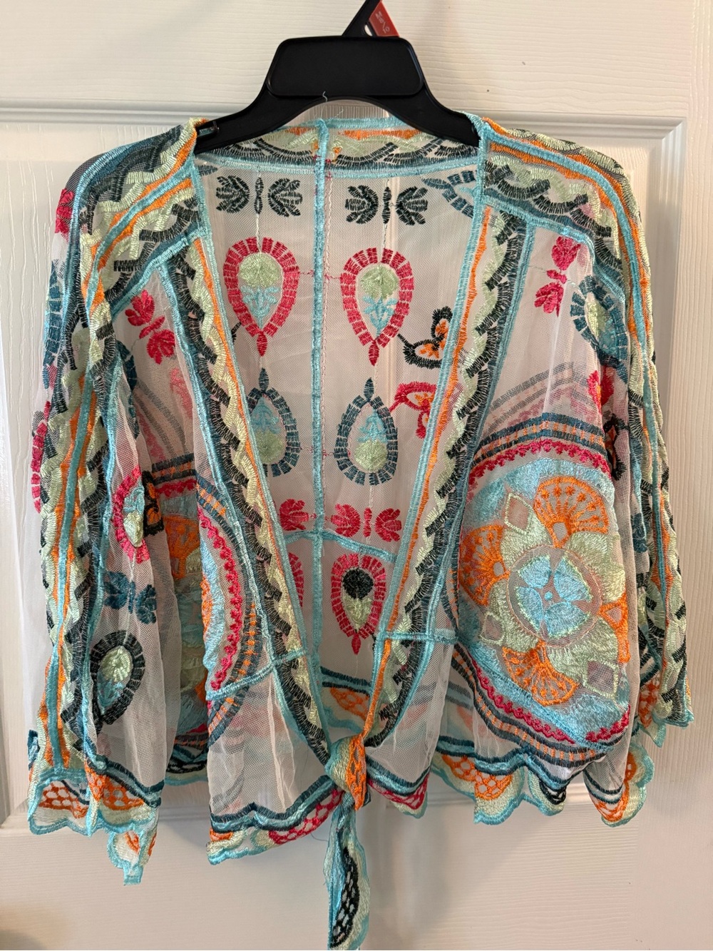Boho Kimono Sheer Embroidered Tie-Front One Size fits all